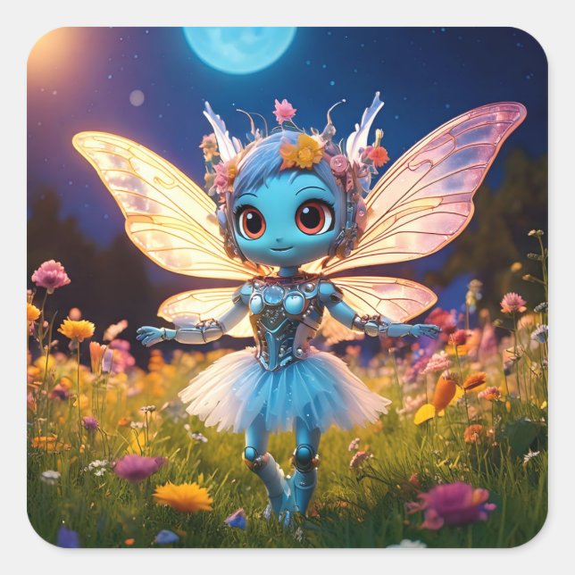 Pixie Robot Ballerina Tanzen in den Wildblumen Quadratischer Aufkleber (Vorderseite)
