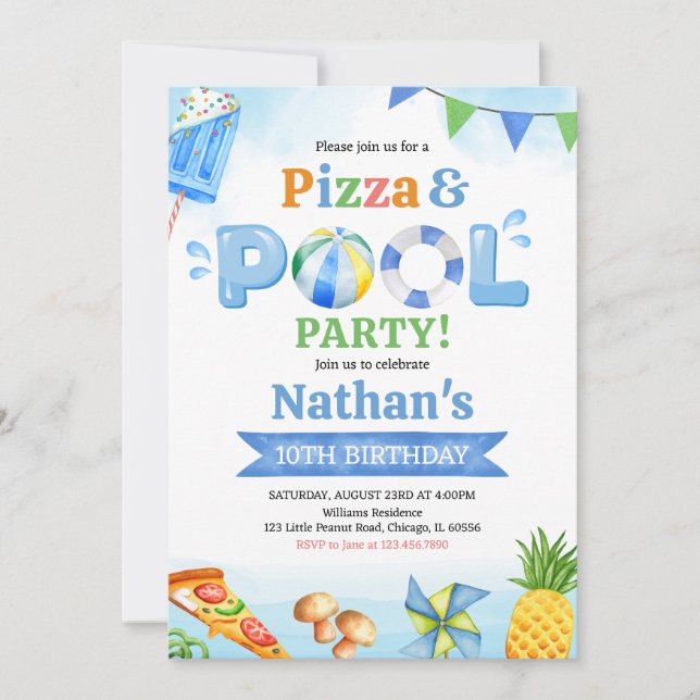  Pizza and Pool Birthday Party Einladung (Vorderseite)
