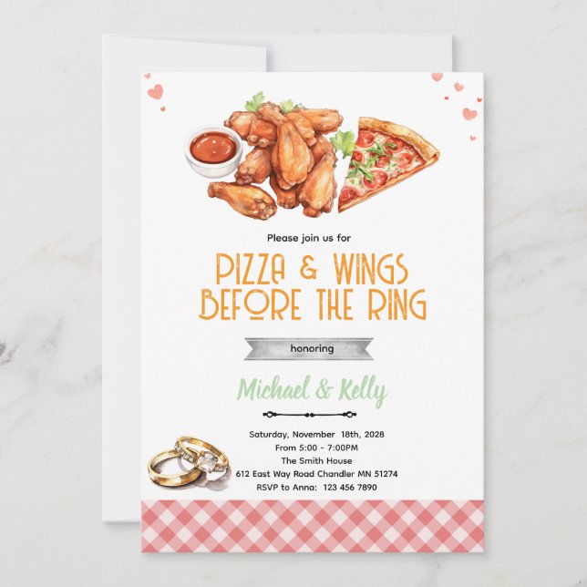 Pizza and Wings Before The Rings Invitation Einladung (Vorderseite)