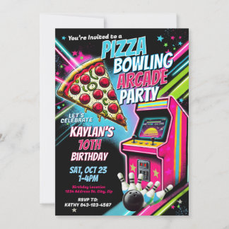 Pizza Arcade Bowling Party Einladung für Kinder