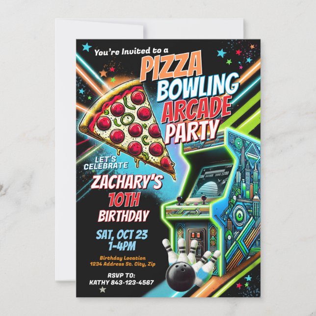 Pizza Arcade Bowling Party Einladung für Kinder (Vorderseite)
