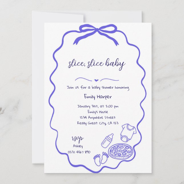 Pizza Baby shower Bleu Tirée Main Invitation Garço (Devant)