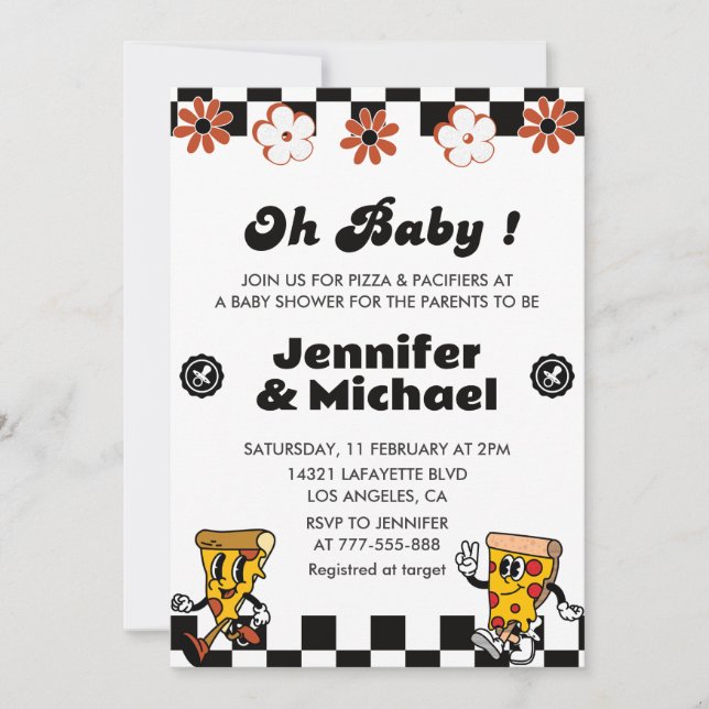 Pizza Baby Shower Einladung Oh Baby Schnuller (Vorderseite)