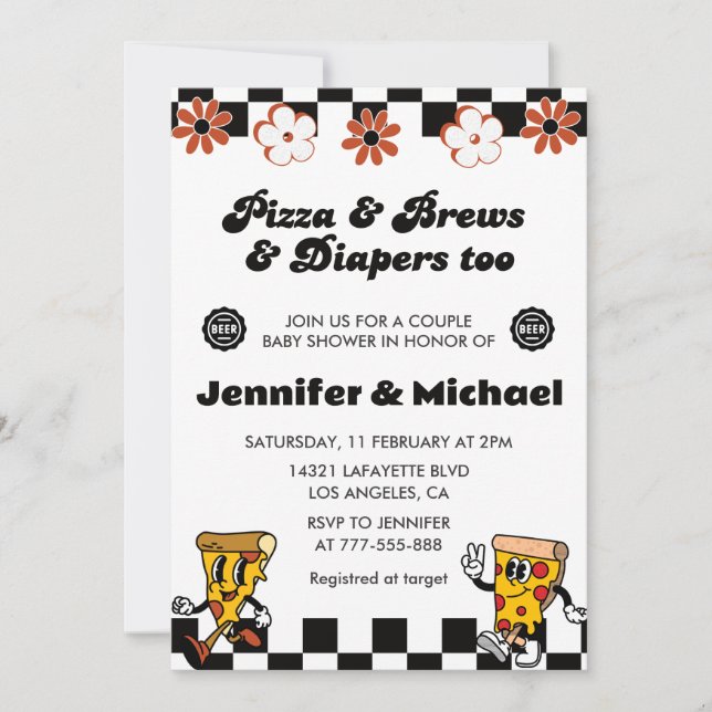 Pizza Baby Shower Einladungen Pizza Beer Diapers (Vorderseite)