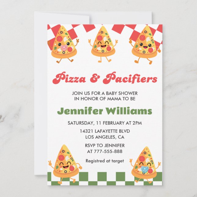 Pizza Baby Shower Einladungen Pizza und Schnuller (Vorderseite)