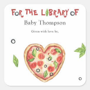 Pizza Baby Shower Exlibris - für die Bibliothek vo Quadratischer Aufkleber