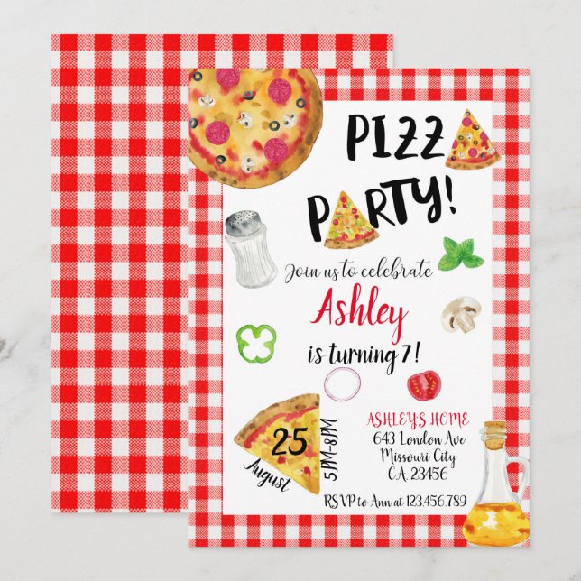 Pizza Birthday Invitation, Pizza Invitation (Devant / Derrière)