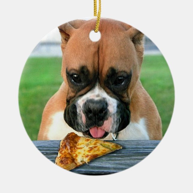 Pizza-Boxer-Hundeschmuck Keramikornament (Vorne)