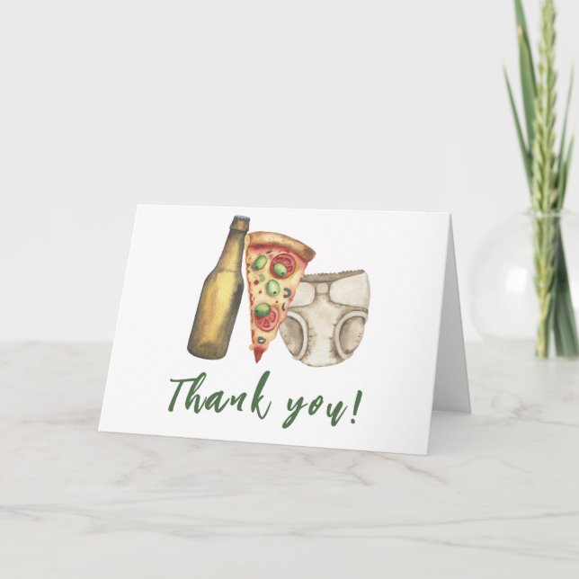 Pizza, Brews and Diapers to Baby Dusche Vielen Dan Dankeskarte (Vorderseite)