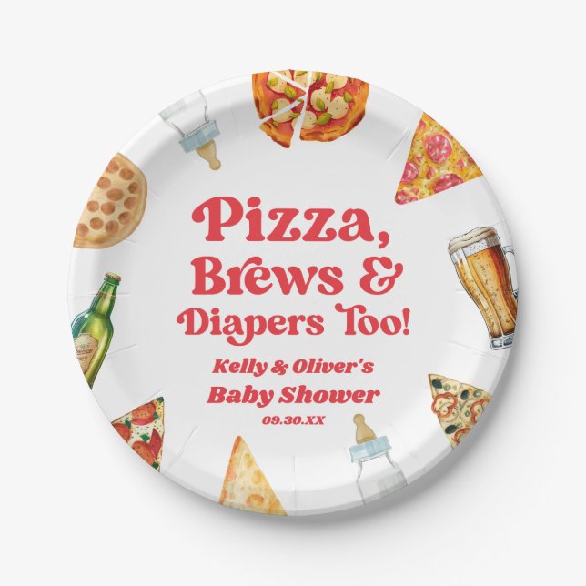 Pizza Brews and Diapers zu Pizza Beer Baby Shower Pappteller (Vorderseite)