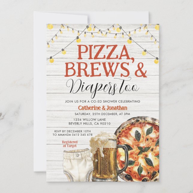 Pizza, Brews & Diapers auch, Baby Dusche Weißholz Einladung (Vorderseite)