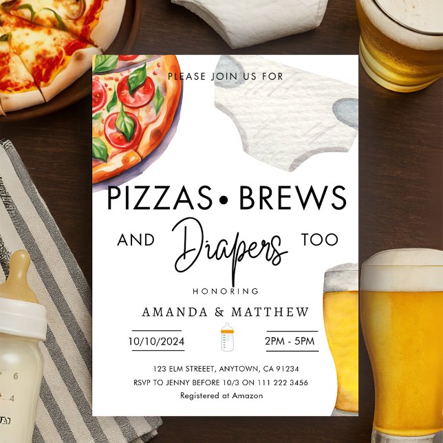 Pizza, Brews & Diapers Lässige Paare Kinderdusche Einladung (Pizza Brews Diapers Casual Couples Baby Shower Invitation)