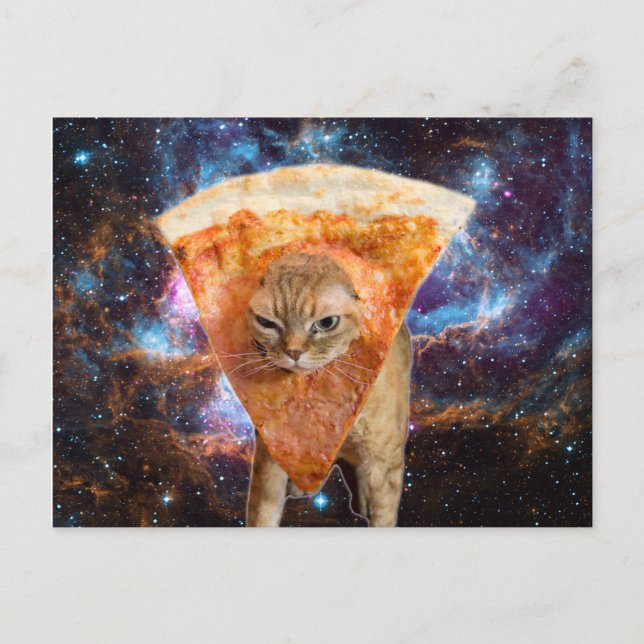 Pizza Cat in Space Wearing Pizza Slice Postkarte (Vorderseite)