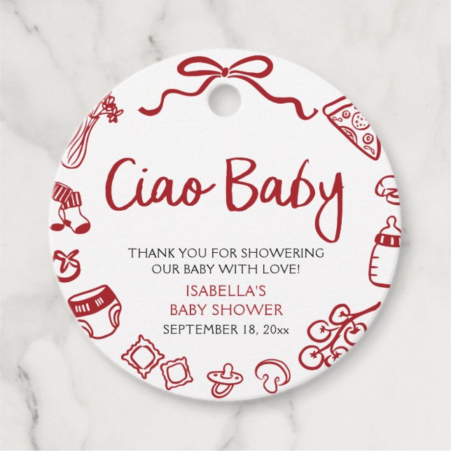 Pizza Ciao Baby Dusche Geschenkanhänger (Vorderseite)