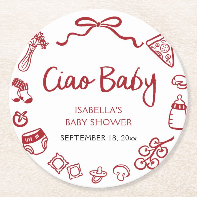 Pizza Ciao Baby Dusche Runder Pappuntersetzer (Vorderseite)