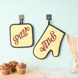 Pizza Classic Script Lettering Italienisches Essen Ofenhandschuh & Topflappen-Set