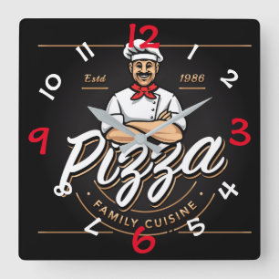 Pizza-Entwurfs-Wanduhr mit Zahlen Quadratische Wanduhr