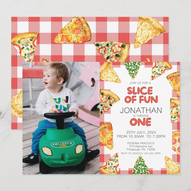 Pizza First Birthday Party Foto Einladung (Vorne/Hinten)