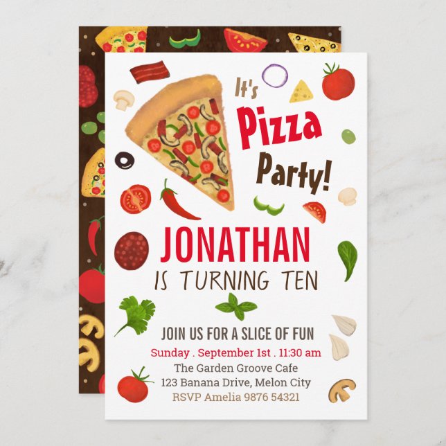 Pizza| Invitation d'anniversaire (Devant / Derrière)