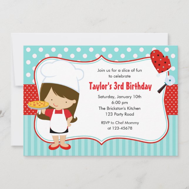 Pizza Invitations Anniversaire (Fille Rouge Turquo (Devant)