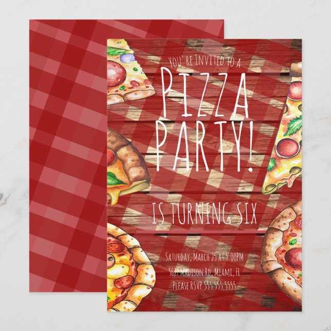 Pizza Kariert Geburtstagsparty Restaurant Wasserfa Einladung (Vorne/Hinten)