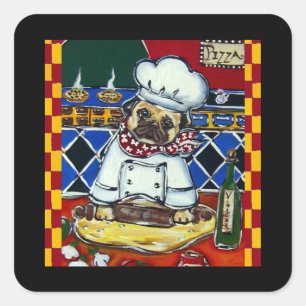 Pizza Koch Pug Quadratischer Aufkleber