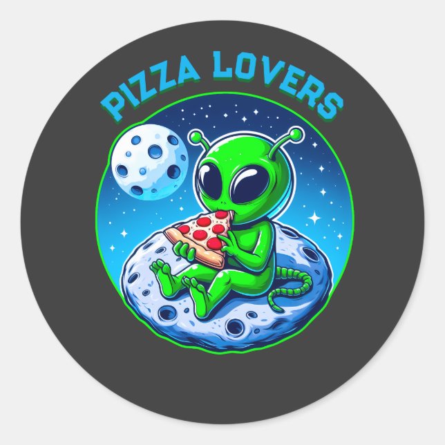 Pizza-liebende Alien auf dem Mond | Spaß kosmisch Runder Aufkleber (Vorderseite)