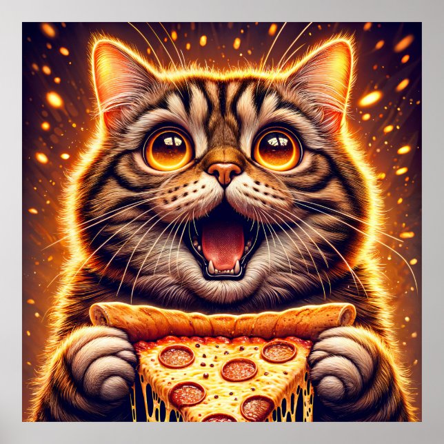 Pizza-liebende Katze mit weiten Augen Poster (Vorne)