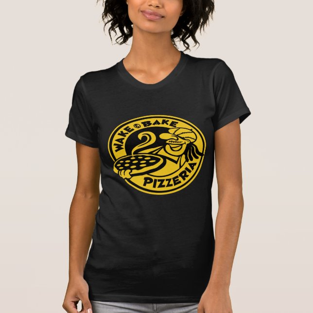 Pizza-Logos in Schwarz und Gelb, Geweckt und gebac T-Shirt (Vorderseite)