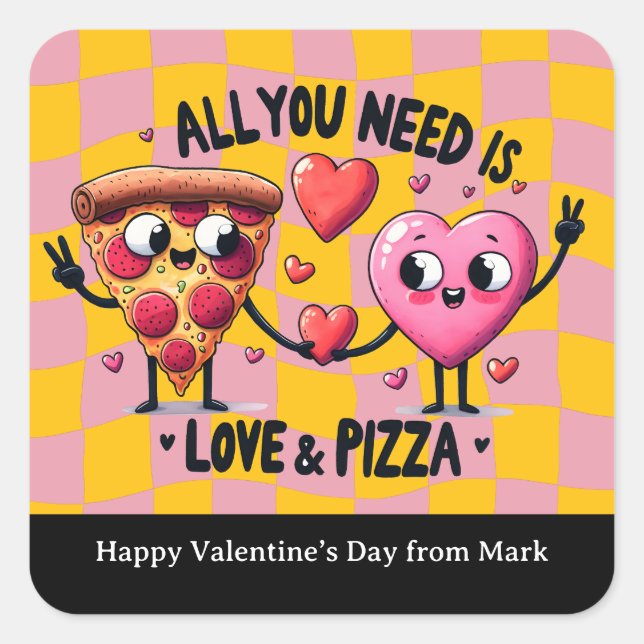 Pizza Love Valentines Day School Favor Quadratischer Aufkleber (Vorderseite)