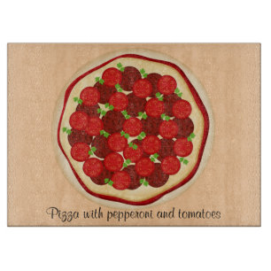 Pizza mit Pepperoni und Tomaten Schneidebrett