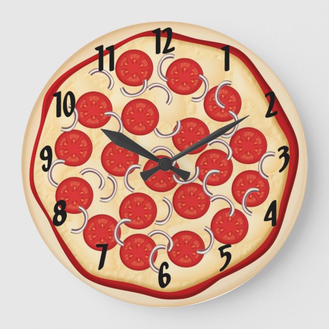 Pizza mit Tomaten und Zwiebeln Große Wanduhr (Vorderseite)