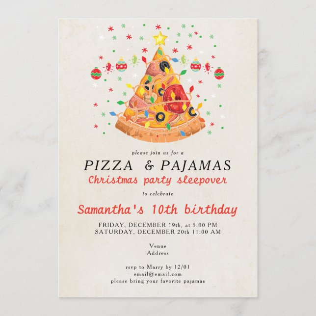 Pizza & Pajamas Christmas Sleepover Birthday Party Einladung (Vorderseite)