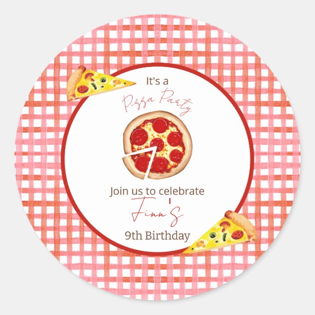 Pizza Party Any Age Birthday Runder Aufkleber (Vorderseite)