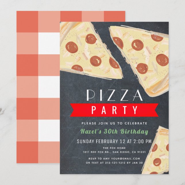 Pizza Party Chalkboard Red Gingham Adult Geburtsta Einladung (Vorne/Hinten)