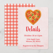 Pizza-Party-Details Karte | Herz Pizza Rot Kariert