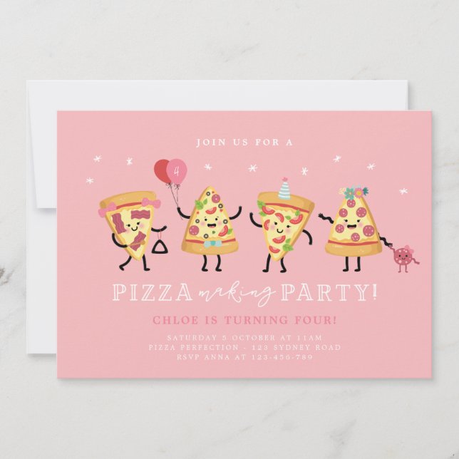 Pizza Party Geburtstag Invite Girls Niedlich Pizza Einladung (Vorderseite)