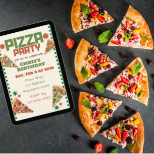Pizza-Party-Geburtstag Rot Grün Einladung