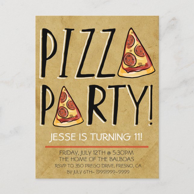 PIZZA PARTY GEBURTSTAGLICHE EINLADUNG FÜR KINDER (Vorderseite)