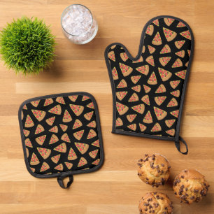 Pizza Party Pattern Black Ofenhandschuh & Topflappen-Set