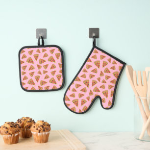 Pizza Party Pattern Pink Ofenhandschuh & Topflappen-Set