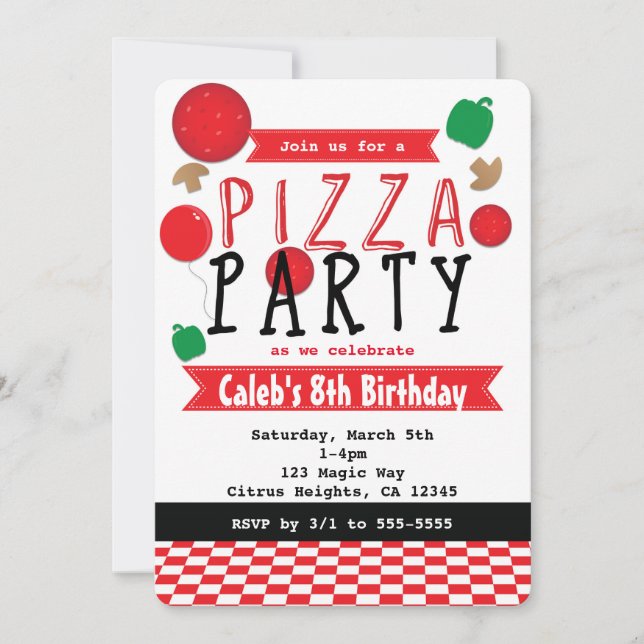 Pizza Party Rouge Noir & Blanc Invitations Anniver (Devant)