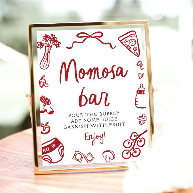 Pizza Pasta Momosa Bar Sign Poster (Red Italian Hand Drawn Pizza Pasta Momosa Bar Sign)