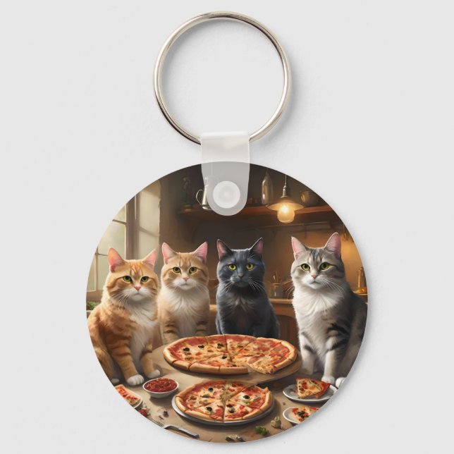 "Pizza Paw-ty: Vier Katzen kommen rein!" Schlüsselanhänger (Vorderseite)