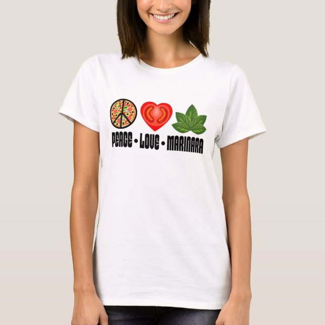Pizza Peace Sign Tomato Herz und Basil Blätter T-Shirt (Vorderseite)