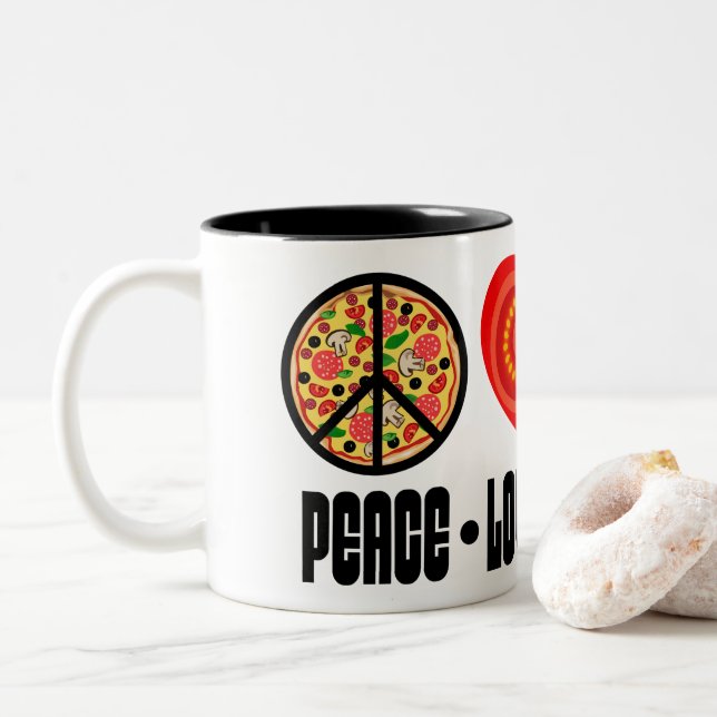 Pizza Peace Sign Tomato Herz und Basil Blätter Zweifarbige Tasse (Mit Donut)