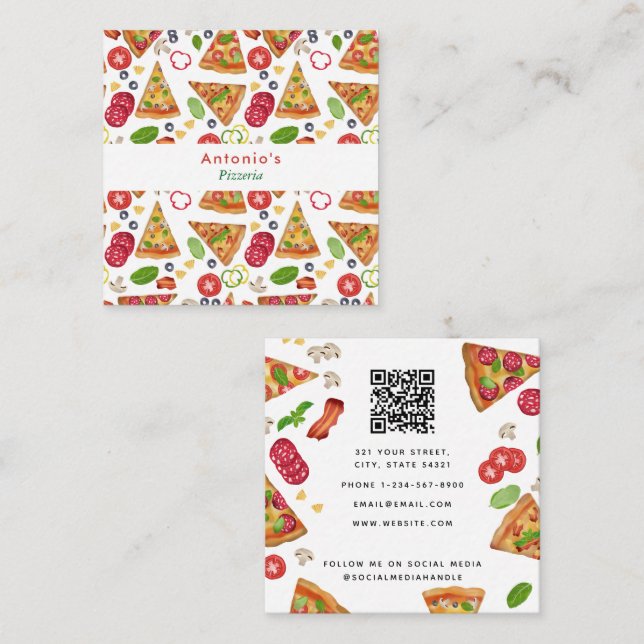 Pizza Pizzeria QR Code Italienische Küche Quadratische Visitenkarte (Vorne/Hinten)