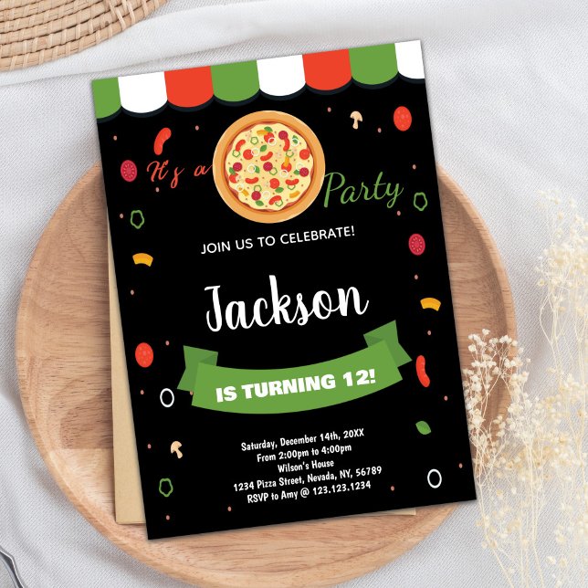 Pizza Rouge Noire Invitations Anniversaire (Black Red Pizza Birthday Invitations)