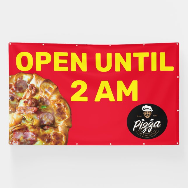 Pizza Shop Logo bis 2 Uhr morgens geöffnet Banner (Horizontal)