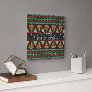 Pizza Ugly Christmas Sweater Quadratische Wanduhr